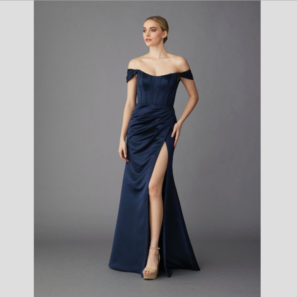 Lazaro Kayla Gown in Indigo Satin